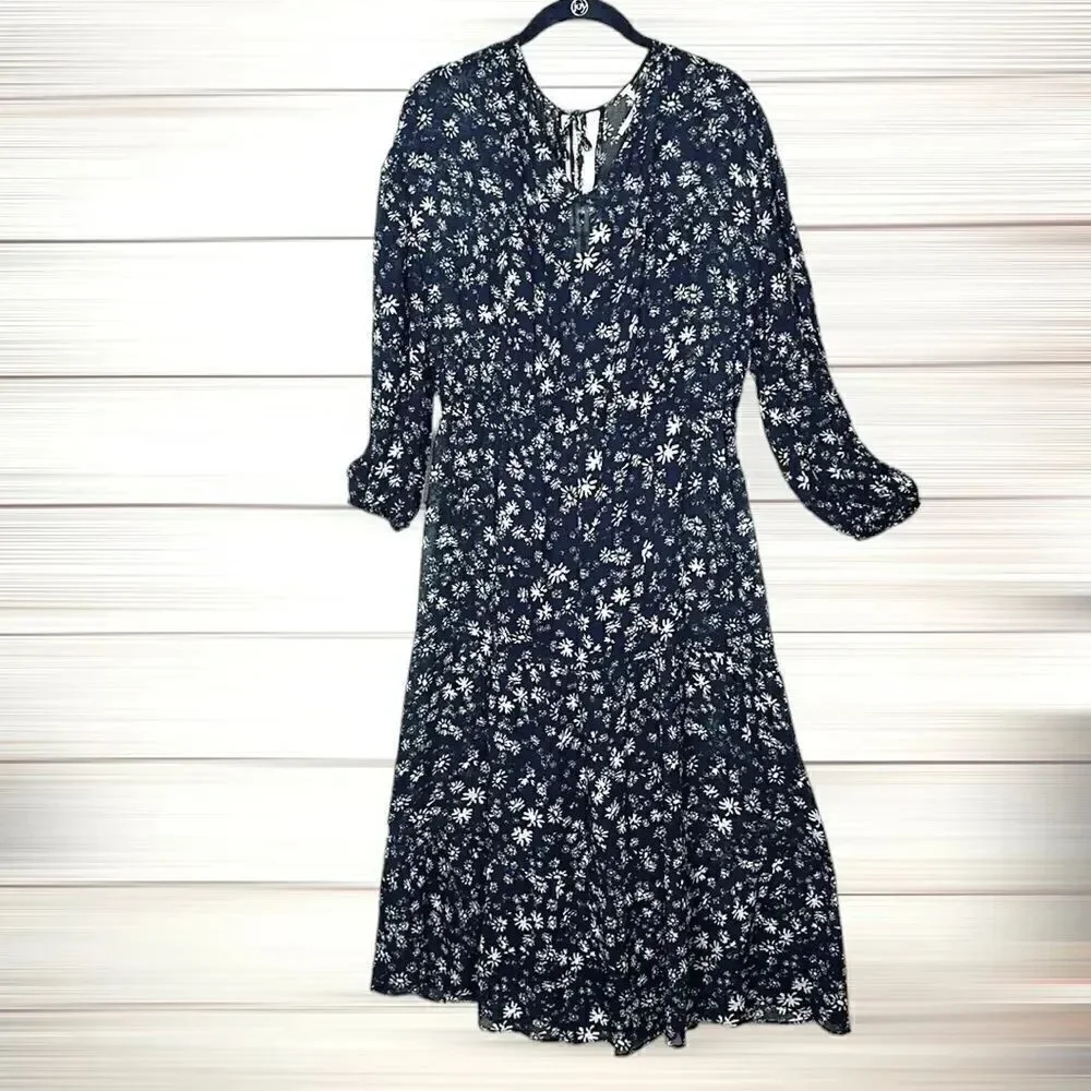 Free People Wallflower Midi Chiffon Dress Navy/White Flared Semi Sheer size S